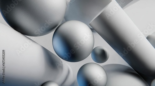 Fototapeta Naklejka Na Ścianę i Meble -  Metallic 3D geometric shapes composition with spheres and cylinders, tech design visualization element, modern industrial concept for product design and architectural rendering.