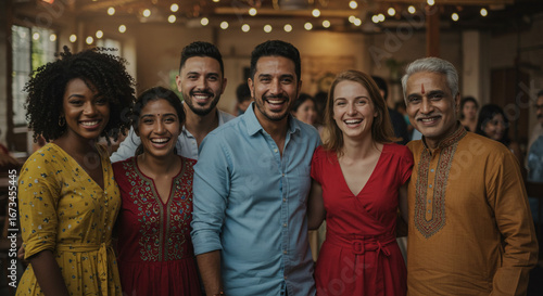 Diverse group of friends celebrating together, radiating joy and connection in a warm, inviting social gathering