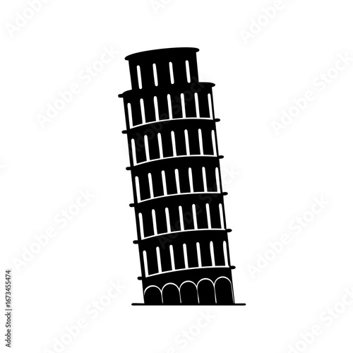 Stylized Black and White Silhouette of the Leaning Tower of Pisa Italy