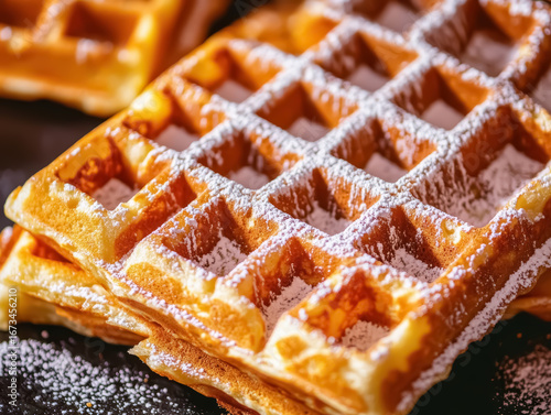 popular street food, Golden waffles dusted with powdered sugar, stacked elegantly on a dark background.