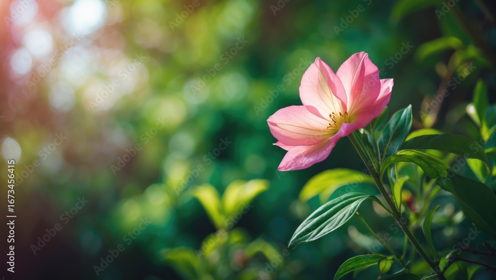 Fototapeta premium A pink flower blooming on green leaves with a blurred natural background.