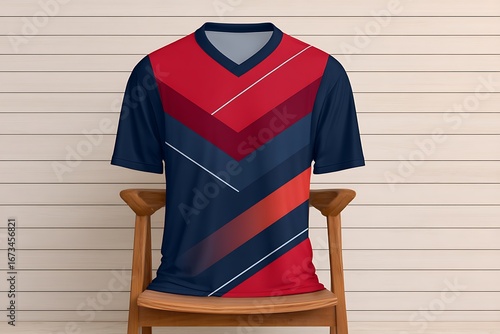 Colorful Sports Jersey with Red Blue and White Geometric Pattern on Wooden Chair