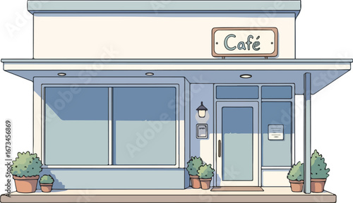 Charming Cartoon Cafe Facade with Potted Plants and Soft Blue Tones.