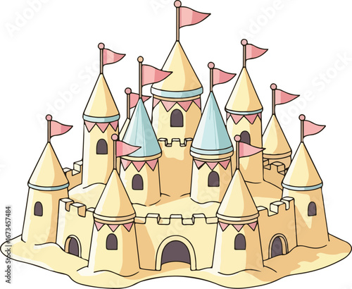 Whimsical Pastel Sandcastle: Detailed Illustration of a Playful Beach Castle with Pink Flags.