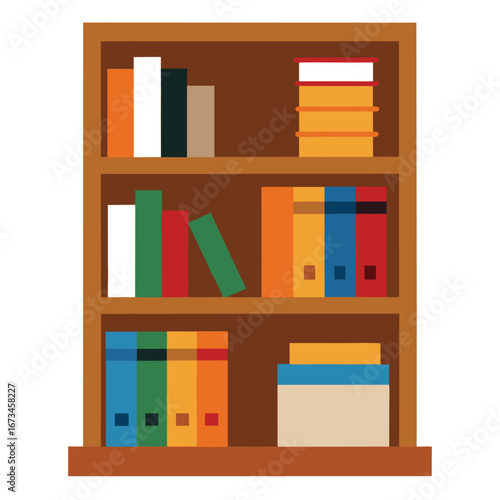 Bookshelf with wooden shelves and books for home office or library interior design illustration