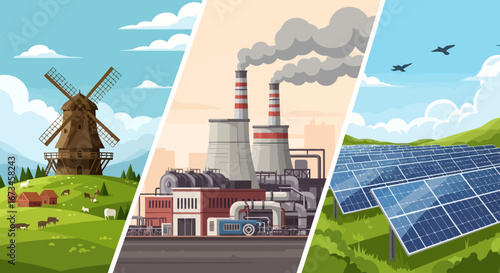 Diverse Energy Sources Illustration: Traditional Windmills, Fossil Fuel Power Plants, and Renewable Solar Fields
