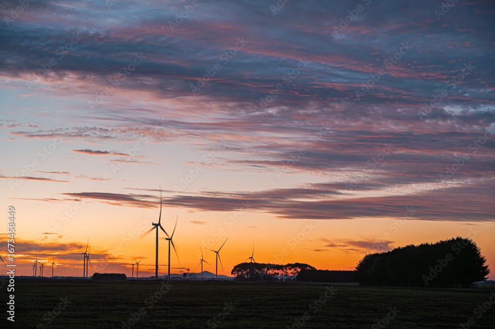 Naklejka premium Amazing sunset clouds over wind farm, Noorat, Victoria, Australia
