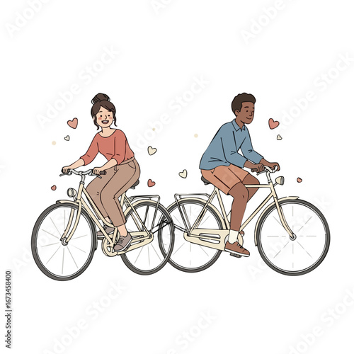 Couple riding bicycles together, celebrating love with heart motifs in a charming illustration 