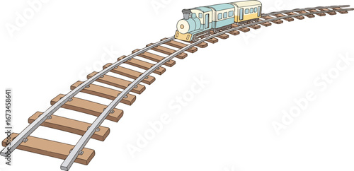 Cartoon Train on Curved Tracks: Whimsical Illustration with Pastel Colors.