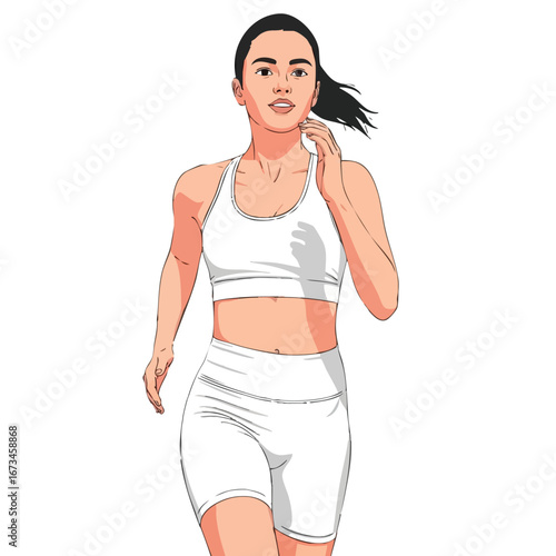 Woman running in athletic wear, showcasing fitness and determination in a dynamic illustration 