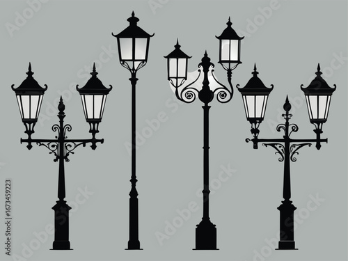 Classic European Street Light Silhouettes Vector