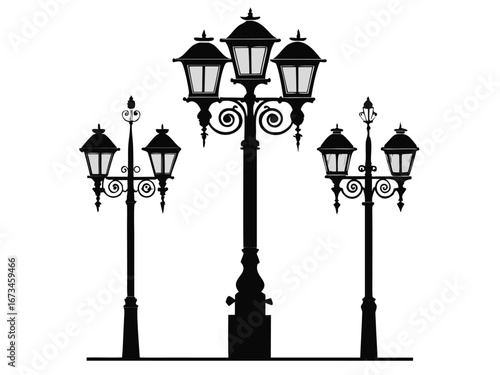 Classic Victorian Street Light Set in Black Silhouette