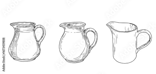 Ceramic jug for water or milk, sketch in black and white ink. Vector illustration. A decanter with a handle for the bathroom. A set of household utensils, isolated on a white background.