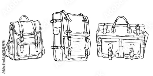 A valise with leather straps and clasps, a black and white sketch. Vector illustration. A set of silhouettes is isolated on a white background. Hand luggage, bags and briefcases