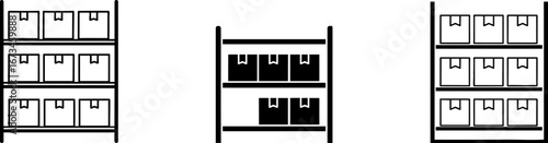 Silhouette of warehouse inventory. A minimalist illustration of three shelves filled with boxes, showcasing an organized storage system.