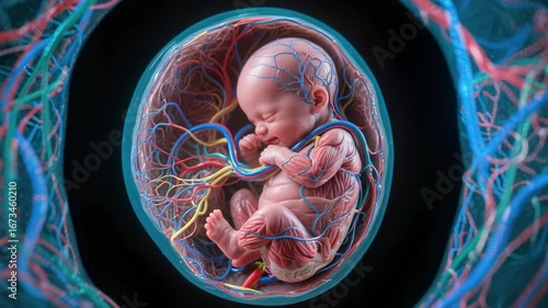 Human fetus inside uterus with umbilical cord and blood vessels