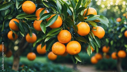 Orange oranges hanging on a tree with green leaves in an orchard.