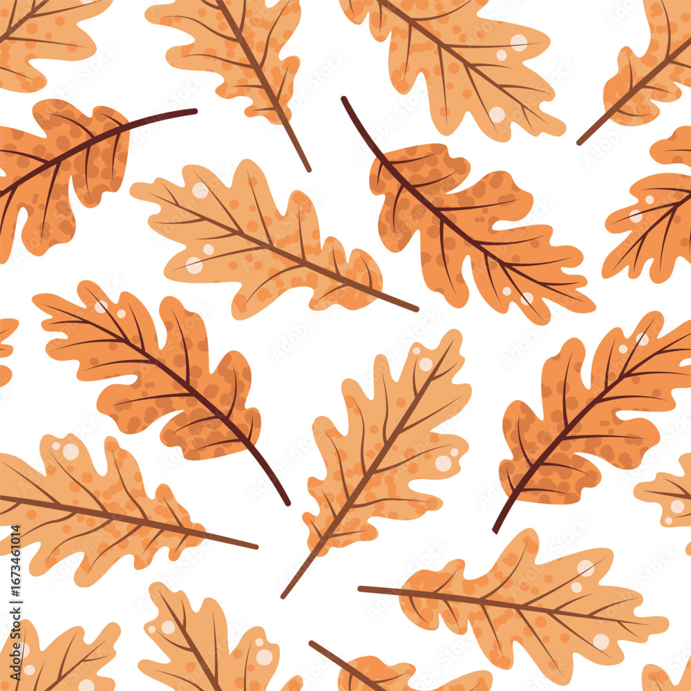Fototapeta premium Oak Leaves Seamless Pattern Flat Vector. Autumn, Seasonal Decor. Repeat Print for Fabric, Gift Wrap, Web Background. Nature Inspired Design.