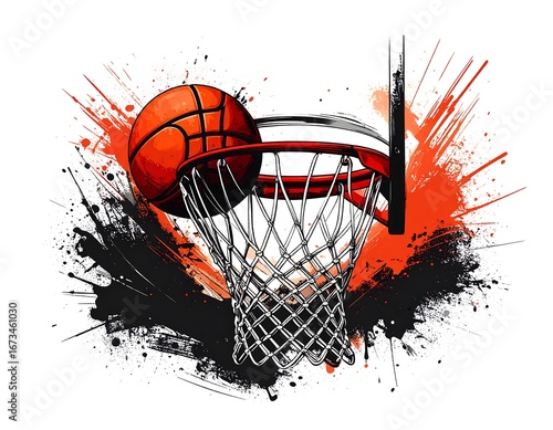 Basketball hoop with ball, graphic splash art