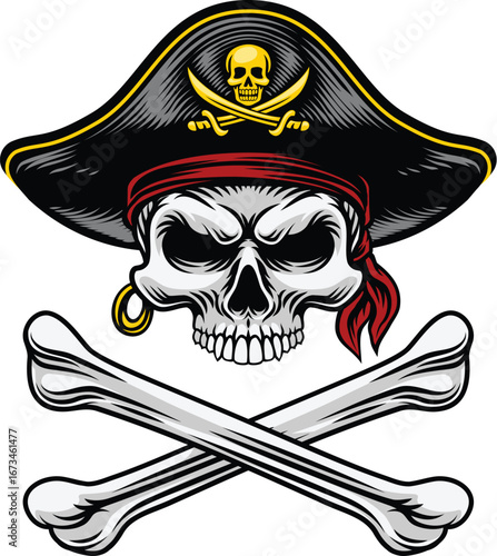 Pirate skull crossbones wearing a tricorn captain hat with crossing bones. In a vintage retro woodcut style.
