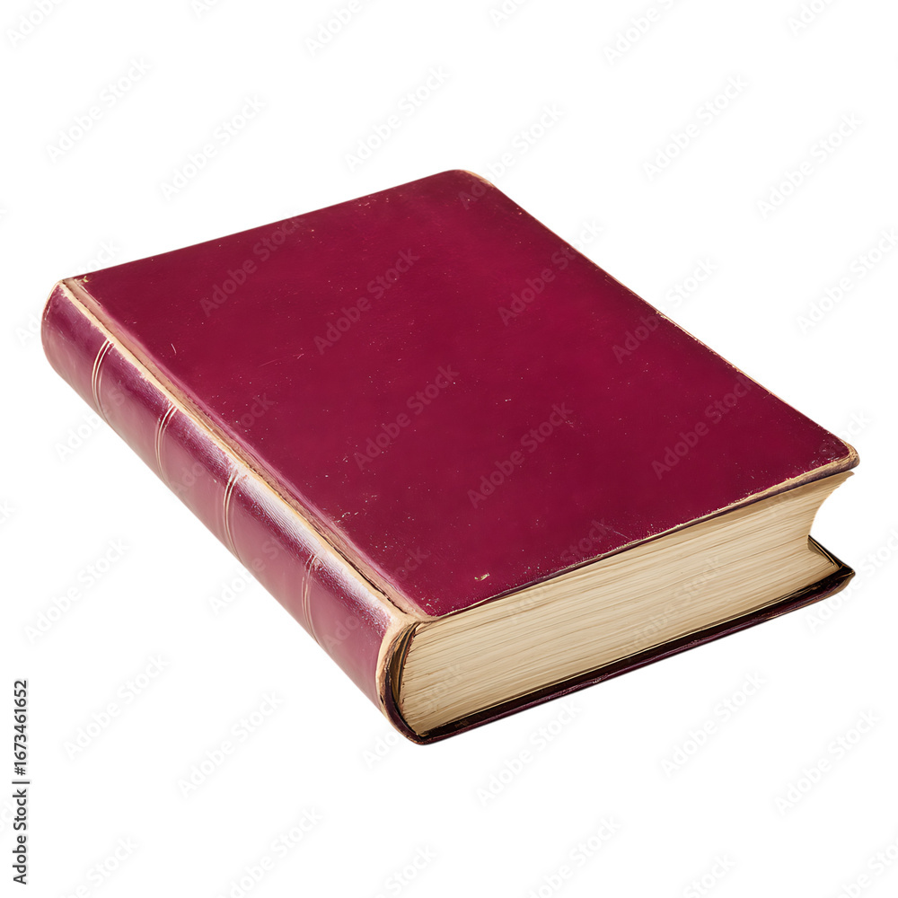 Obraz premium Closed antique book with red leather cover, gilded pages, isolated on black.