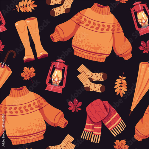 Cozy Autumn Essentials Seamless Pattern Flat Vector. Texture with Sweater, Umbrella, Scarf, Boots, Lamp. Repeat Background for Wallpaper, Textile, Wrapping Paper. Warm Fall Ambience Style