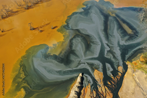 Patterns of acid mine drainage in decanting lake, nature pollution, aerial view