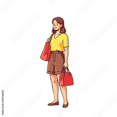 Shopping woman carrying red bags in stylish outfit for casual outings and everyday activities 