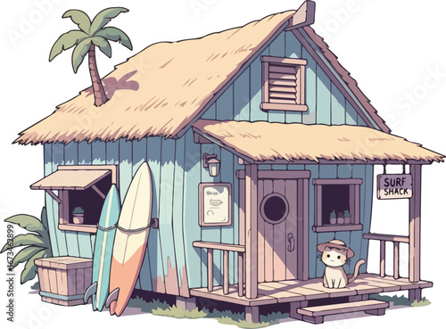 Adorable Surf Shack Illustration: Cat Surfboards Palm Tree Coastal Vibes.
