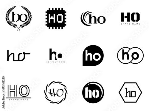 HO logo company template. Letter h and o logotype. Set different classic serif lettering and modern bold text with design elements. Initial font typography.