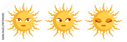 Set of cartoon sun characters. Sun icons with human face. Flat style. Vector illustration