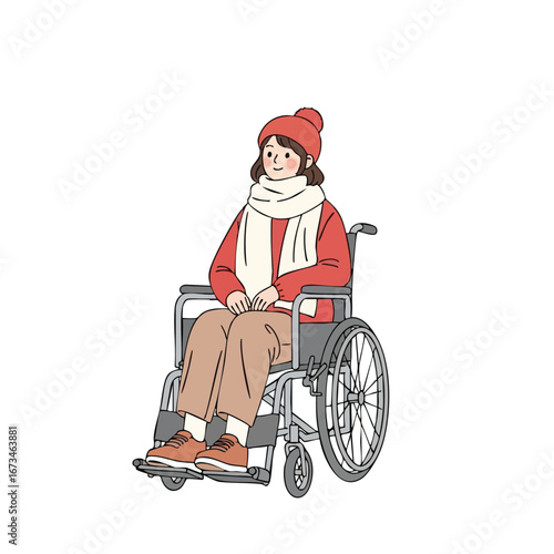 Person in a wheelchair wearing a cozy hat and scarf, showcasing accessibility and warmth in daily life 