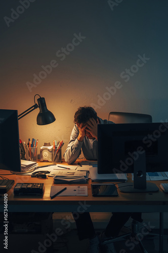 Stressed office worker at messy desk between monitors at night, burnout concept
