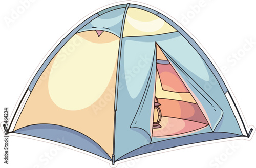 Cartoon Camping Tent with Lantern Inside Blue and Yellow Colors.