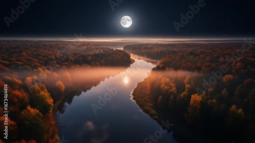 Moonlit River Landscape with Autumn Forest and Fog