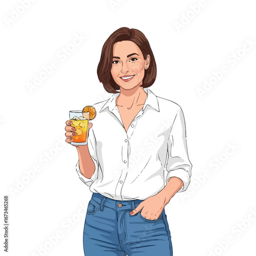 Woman enjoying refreshing drink in casual outfit for summer gatherings and celebrations 