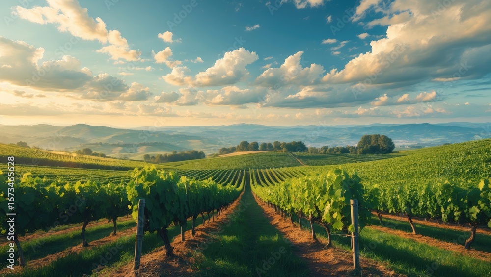Fototapeta premium Vineyard landscape with rolling hills and a vibrant sky during sunset. Agriculture and farming, scenic view. The scene of cultivated grapevines in a lush rural area.