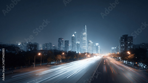 Futuristic cityscape at night. Long exposure of car lights streaking through the urban landscape. Powerful skyscrapers symbolize progress and innovation.