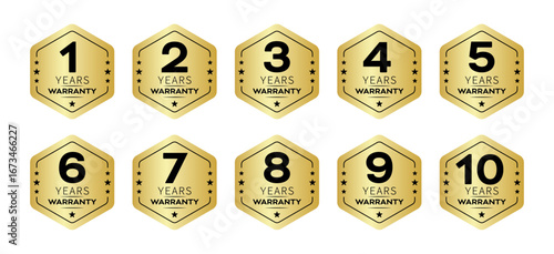 1 to 10 years warranty logo set in golden color and hexagon shape.
