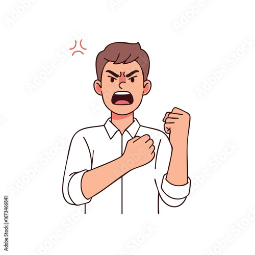Angry man expressing frustration with clenched fist and intense facial expression in a cartoon style 