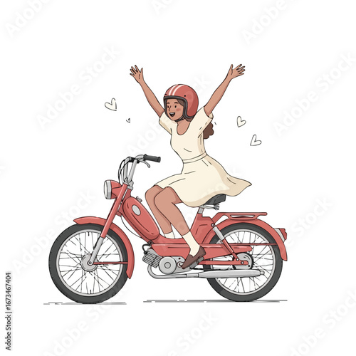 Joyful woman riding a vintage motorcycle with arms raised in celebration and happiness 
