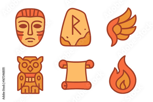 Colorful vector illustration of ancient symbols and artifacts