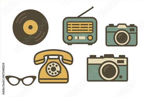 Vintage communication and entertainment items in vector style