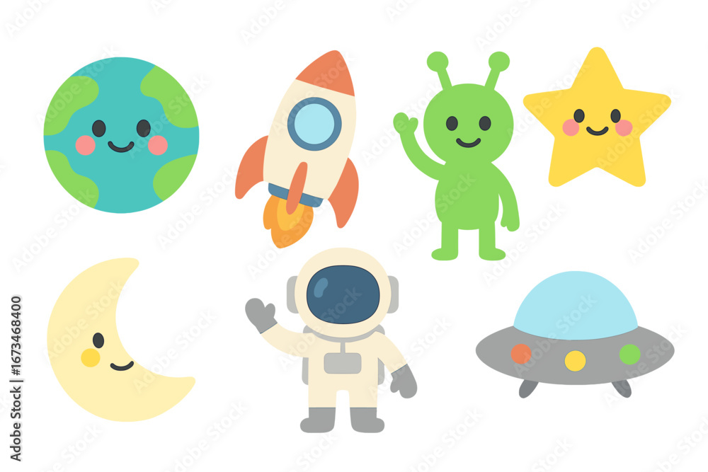 Obraz premium Cartoon characters exploring space with Earth and aliens