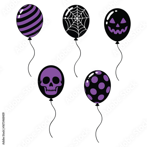 Set of black balloons with Halloween patterns and elements isolated on white background flat vector illustration, perfect for party decor spooky and festive design