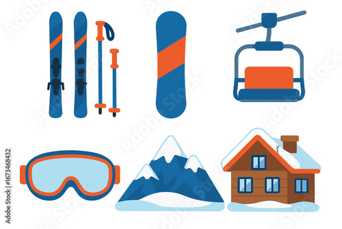 Colorful vector illustration of winter sports equipment and scenery