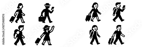 Travelers walking with luggage in a vector illustration design