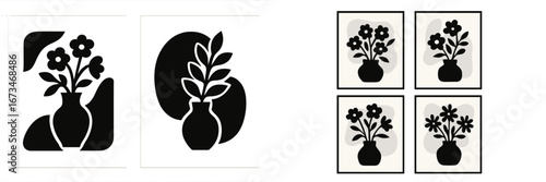 Modern vector illustration of black and white floral vases