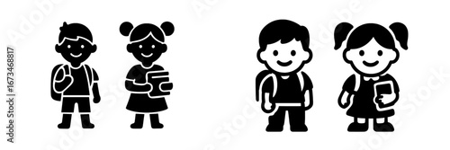 Children in school uniforms with backpacks and books