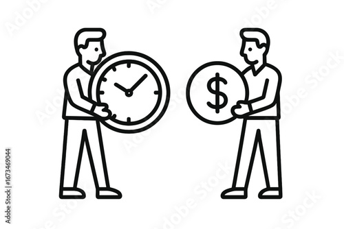 Two people exchanging time for money in a vector illustration